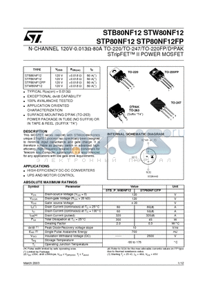 STW80NF12 datasheet - N-CHANNEL 120V-0.013ohm-80A TO-220/TO-247/TO-220FP/DbPAK STripFET II POWER MOSFET