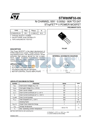 STW80NF55-06 datasheet - N-CHANNEL 55V - 0.005ohm - 80A TO-247 STripFET II POWER MOSFET
