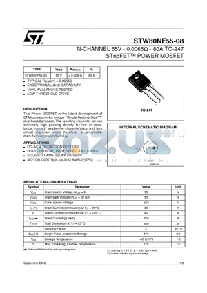 STW80NF55-08 datasheet - N-CHANNEL 55V - 0.0065ohm - 80A TO-247 STripFET POWER MOSFET