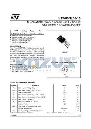 STW80NE06-10 datasheet - N - CHANNEL 60V - 0.0085ohm - 80A - TO-247 STripFET  POWER MOSFET