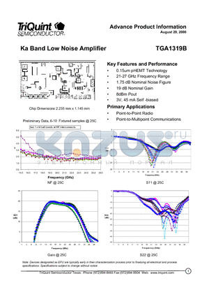 TGA1319B datasheet - Ka Band Low Noise Amplifier