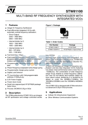 STW81100ATR-1 datasheet - MULTI-BAND RF FREQUENCY SYNTHESIZER WITH INTEGRATED VCOs