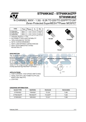 STW8NK80Z datasheet - N-CHANNEL 800V - 1.3ohm - 6.2A TO-220/TO-220FP/TO-247 Zener-Protected SuperMESHPower MOSFET