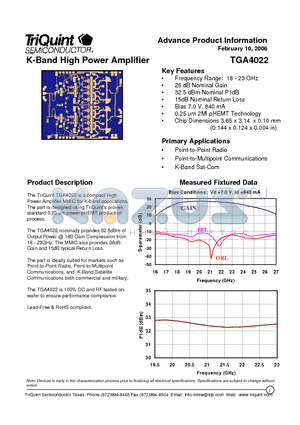 TGA4022 datasheet - K-Band High Power Amplifier