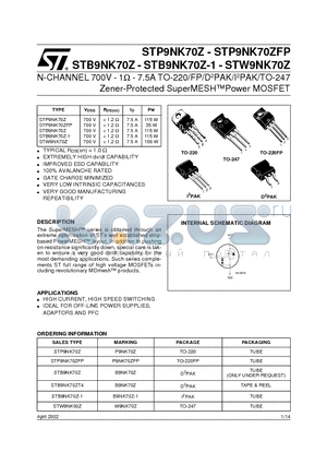 STW9NK70Z datasheet - N-CHANNEL 700V - 1ohm - 7.5A TO-220/FP/D2PAK/I2PAK/TO-247 Zener-Protected SuperMESHPower MOSFET
