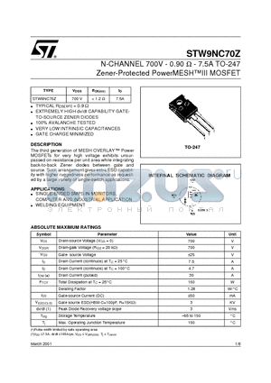 STW9NC70Z datasheet - N-CHANNEL 700V - 0.90 ohm - 7.5A TO-247 Zener-Protected PowerMESHIII MOSFET