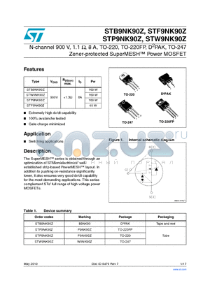 STW9NK90Z datasheet - N-channel 900 V, 1.1 Y, 8 A, TO-220, TO-220FP, D2PAK, TO-247 Zener-protected SuperMESH Power MOSFET