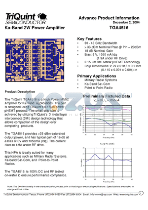 TGA4516 datasheet - Ka-Band 2W Power Amplifier
