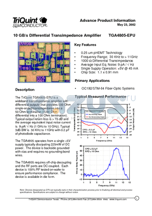 TGA4805-EPU datasheet - 10 GB/s Differential Transimpedance Amplifier