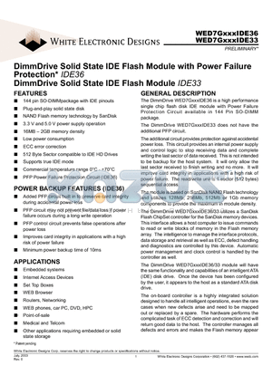 WED7G288IDE36ADC25 datasheet - DimmDrive Solid State IDE Flash Module with Power Failure Protection IDE36 DimmDrive Solid State IDE Flash Module IDE33