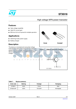 STX616-AP datasheet - High voltage NPN power transistor