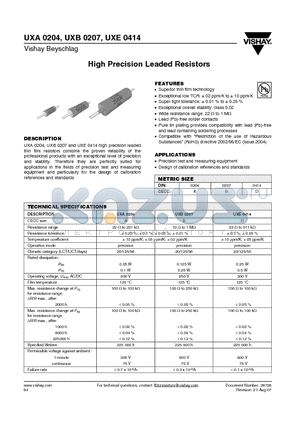 UXA02040G2TR100 datasheet - High Precision Leaded Resistors