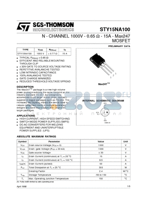 STY15NA100 datasheet - N - CHANNEL 1000V - 0.65 ohm - 15A - Max247 MOSFET