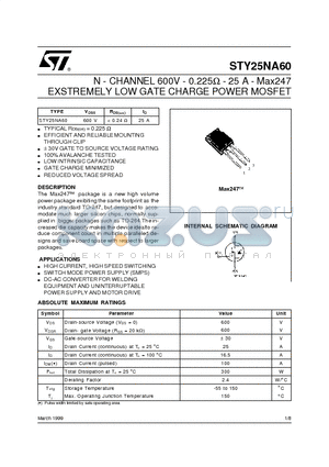 STY25NA60 datasheet - N - CHANNEL 600V - 0.225ohm - 25 A - Max247 EXSTREMELY LOW GATE CHARGE POWER MOSFET