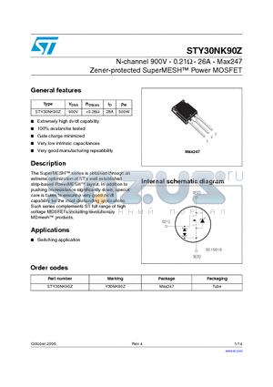 STY30NK90Z datasheet - N-CHANNEL 900V - 0.21ohm - 26A Max247 Zener-Protected SuperMESH MOSFET