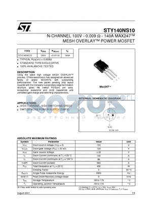 STY140NS10 datasheet - N-CHANNEL 100V - 0.009 ohm - 140A MAX247 MESH OVERLAY POWER MOSFET