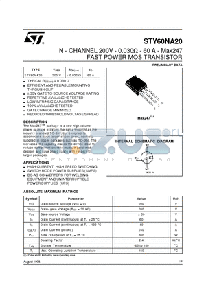 STY60NA20 datasheet - N - CHANNEL 200V - 0.030ohm - 60 A - Max247 FAST POWER MOS TRANSISTOR
