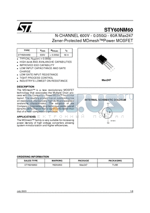 STY60NM60 datasheet - N-CHANNEL 600V - 0.050ohm - 60A Max247 Zener-Protected MDmeshPower MOSFET