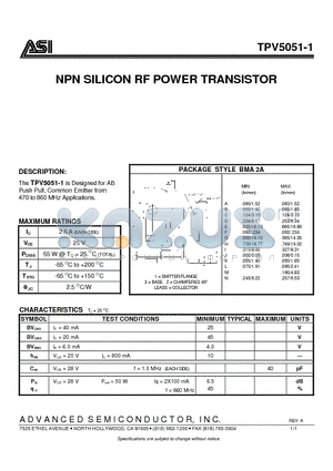 TPV5051-1 datasheet - NPN SILICON RF POWER TRANSISTOR