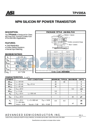 TPV595A datasheet - NPN SILICON RF POWER TRANSISTOR