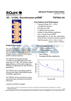 TGF2021-04 datasheet - DC - 12 GHz Discrete power pHEMT