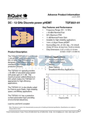 TGF2021-01 datasheet - DC-12 GHz Discrete Power pHEMT