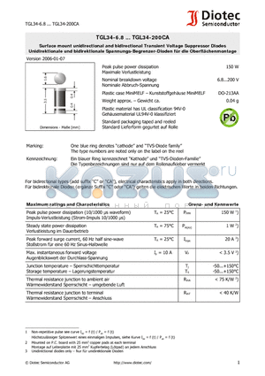 TGL34-100A datasheet - Surface mount unidirectional and bidirectional Transient Voltage Suppressor Diodes