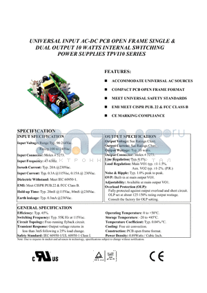 TPVI10-13 datasheet - UNIVERSAL INPUT AC-DC PCB OPEN FRAME SINGLE AND DUAL OUTPUT 10 WATTS INTERNAL SWITCHING POWER SUPPLIES TPVI10 SERIES