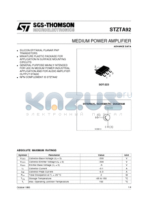 STZTA92 datasheet - MEDIUM POWER AMPLIFIER