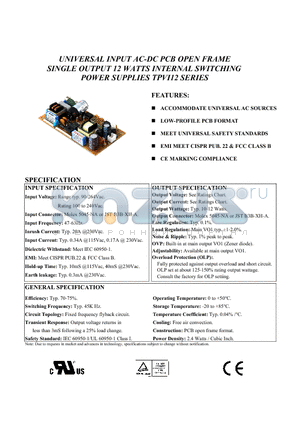 TPVI12-03329 datasheet - UNIVERSAL INPUT AC-DC PCB OPEN FRAME SINGLE OUTPUT 12 WATTS INTERNAL SWITCHING POWER SUPPLIES TPVI12 SERIES