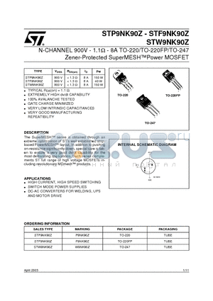 ST_STP9NK90Z datasheet - N-CHANNEL 900V - 1.1W - 8A TO-220/TO-220FP/TO-247 Zener-Protected SuperMESHPower MOSFET