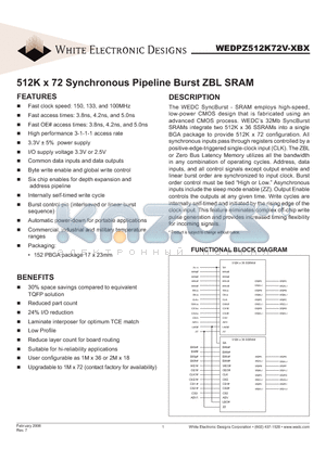 WEDPZ512K72V-133BM datasheet - 512K x 72 Synchronous Pipeline Burst ZBL SRAM