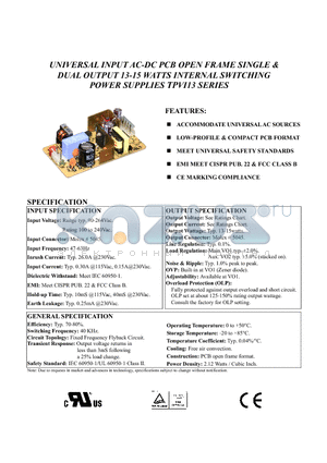 TPVI13-S240006 datasheet - UNIVERSAL INPUT AC-DC PCB OPEN FRAME SINGLE & DUAL OUTPUT 13-15 WATTS INTERNAL SWITCHING POWER SUPPLIES TPVI13 SERIES