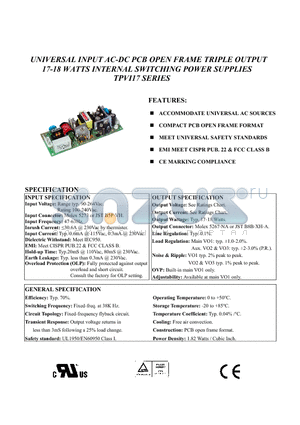 TPVI17 datasheet - UNIVERSAL INPUT AC-DC PCB OPEN FRAME TRIPLE OUTPUT 17-18 WATTS INTERNAL SWITCHING POWER SUPPLIES TPVI17 SERIES