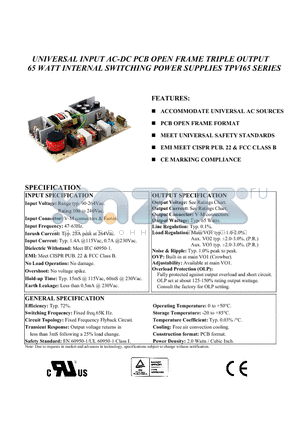 TPVI65-33 datasheet - UNIVERSAL INPUT AC-DC PCB OPEN FRAME TRIPLE OUTPUT 65 WATT INTERNAL SWITCHING POWER SUPPLIES TPVI65 SERIES