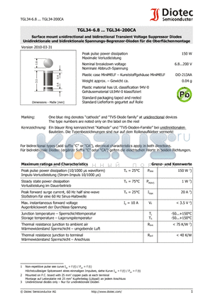 TGL34-16A datasheet - Surface mount unidirectional and bidirectional Transient Voltage Suppressor Diodes