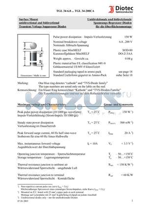 TGL34-170 datasheet - Surface Mount unidirectional and bidirectional Transient Voltage Suppressor Diodes