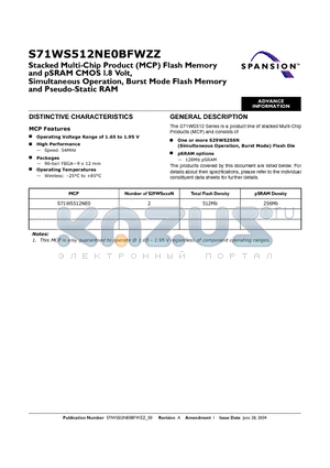S71WS512NE0BFIZZ0 datasheet - Stacked Multi-Chip Product (MCP) Flash Memory and pSRAM CMOS 1.8 Volt
