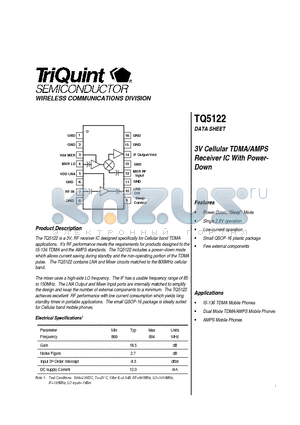 TQ5122 datasheet - 3V Cellular TDMA/AMPS Receiver IC With Power- Down
