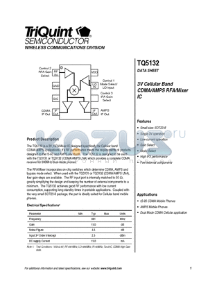TQ5132 datasheet - 3V Cellular Band CDMA/AMPS RFA/Mixer IC