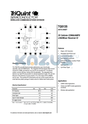 TQ5135 datasheet - 3V Cellular CDMA/AMPS LNA/Mixer Receiver IC