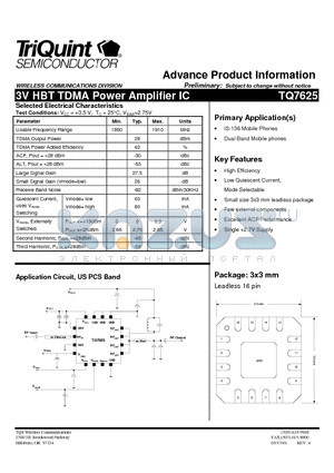 TQ7625 datasheet - 3V HBT TDMA Power Amplifier IC