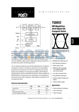 TQ8032 datasheet - 800 Megabit/sec 32x32 Digital ECL Crosspoint Switch