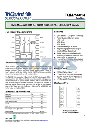 TQM756014 datasheet - Multi-Mode (WCDMA B4, CDMA BC15, HSPA, LTE) 3x3 PA Module