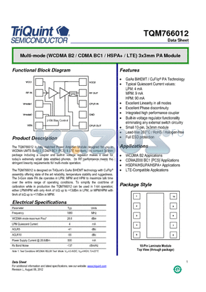 TQM766012 datasheet - Multi-mode (WCDMA B2 / CDMA BC1 / HSPA / LTE) 3x3mm PA Module