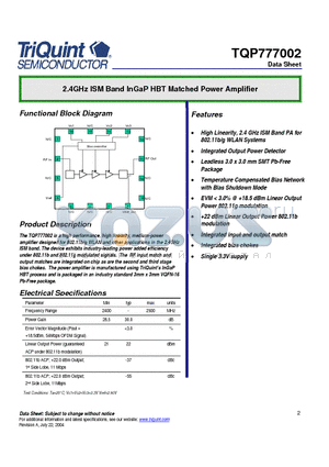 TQP777002 datasheet - 2.4GHz ISM Band InGaP HBT Matched Power Amplifier