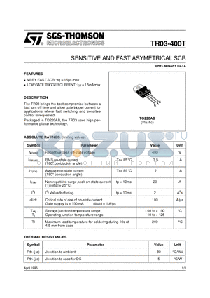 TR03-400T datasheet - SENSITIVE AND FAST ASYMETRICAL SCR