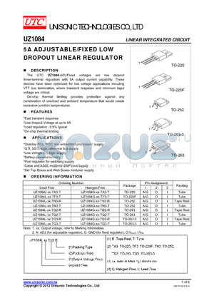 UZ1084L-XX-TQ3-R datasheet - 5A ADJUSTABLE/FIXED LOW DROPOUT LINEAR REGULATOR