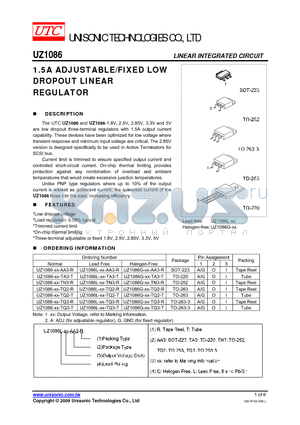UZ1086L-XX-TQ2-T datasheet - 1.5A ADJUSTABLE/FIXED LOW DROPOUT LINEAR REGULATOR