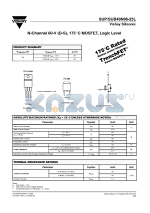 SUB40N06-25L datasheet - N-Channel 60-V (D-S), 175 Degrees Celcious MOSFET, Logic Level